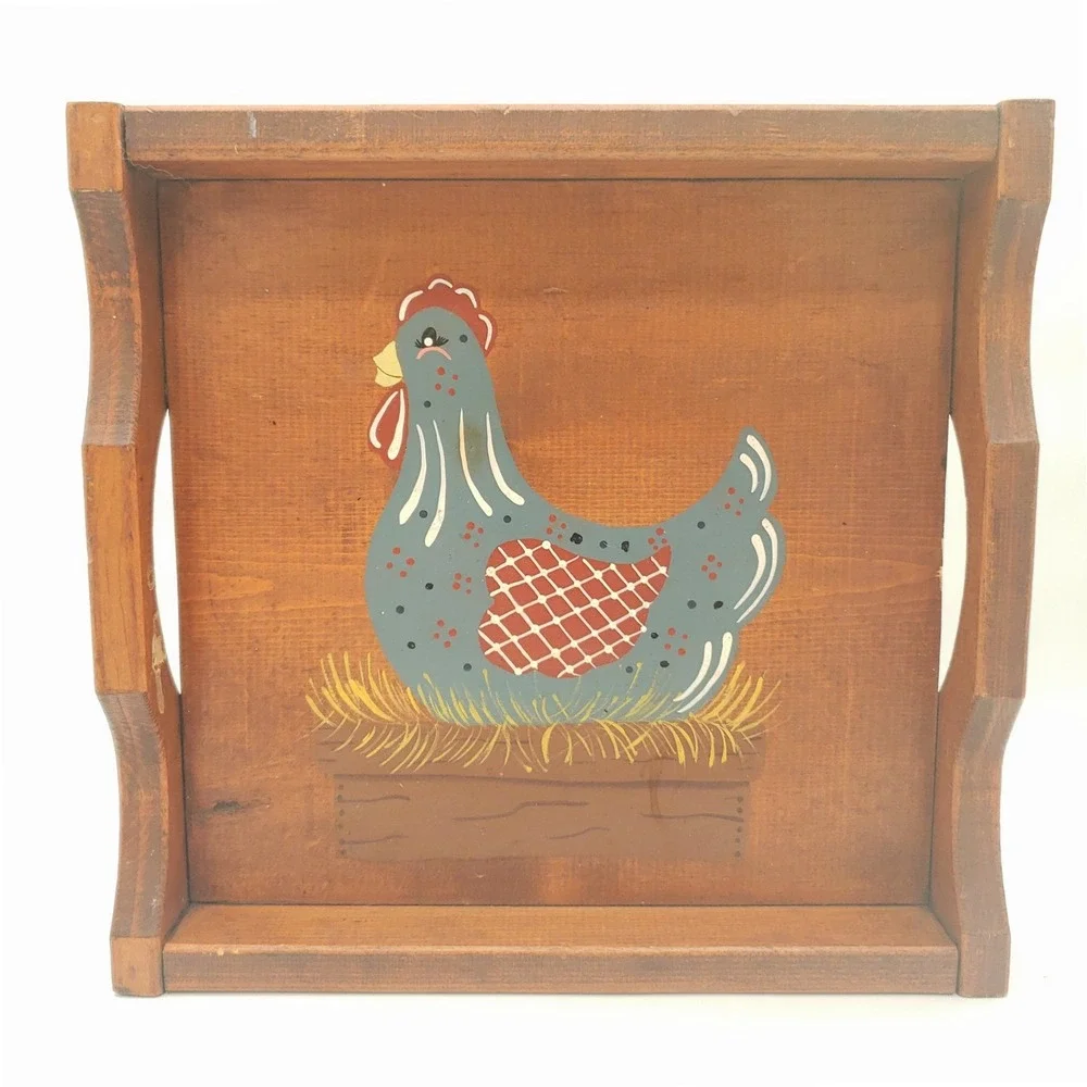 Vtg Rooster Farmhouse Wooden Serving Tray Folk Art Hen Hand Painted Rustic Decor